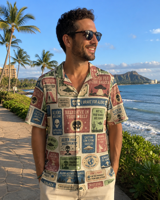 Alien Warning Signs Hawaiian Shirt