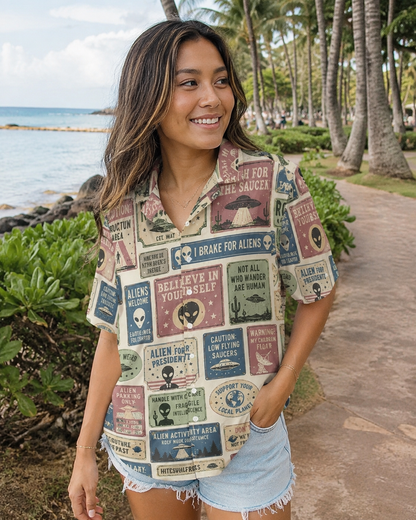 Alien Warning Signs Hawaiian Shirt